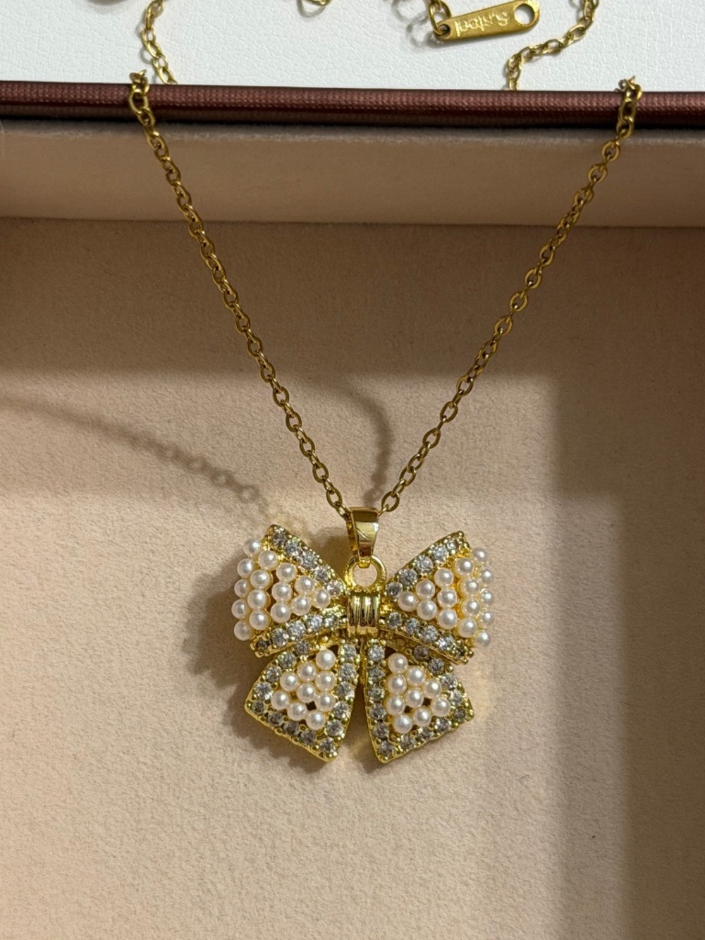 Elegant Golden Bowknot Faux Pearl Rhinestone Pendant Stainless Steel Necklace